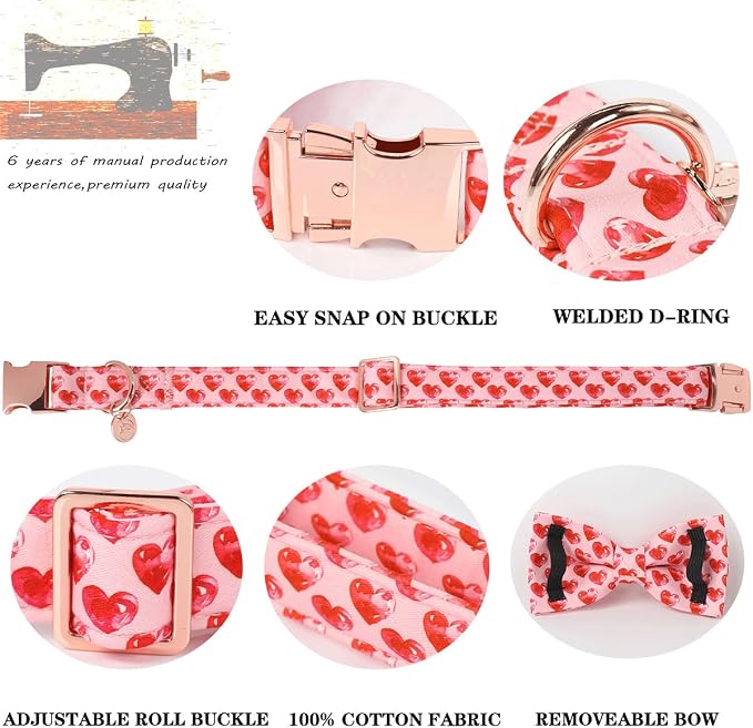 DOGWONG Valentine's Dog Collar with Bow - Cute Heart Bowtie Dog Collars, Adjustable Valentine Red Heart Pet Collars Design Dog Collar with Quick Release Buckle for Puppy Girl Boy Female Dogs