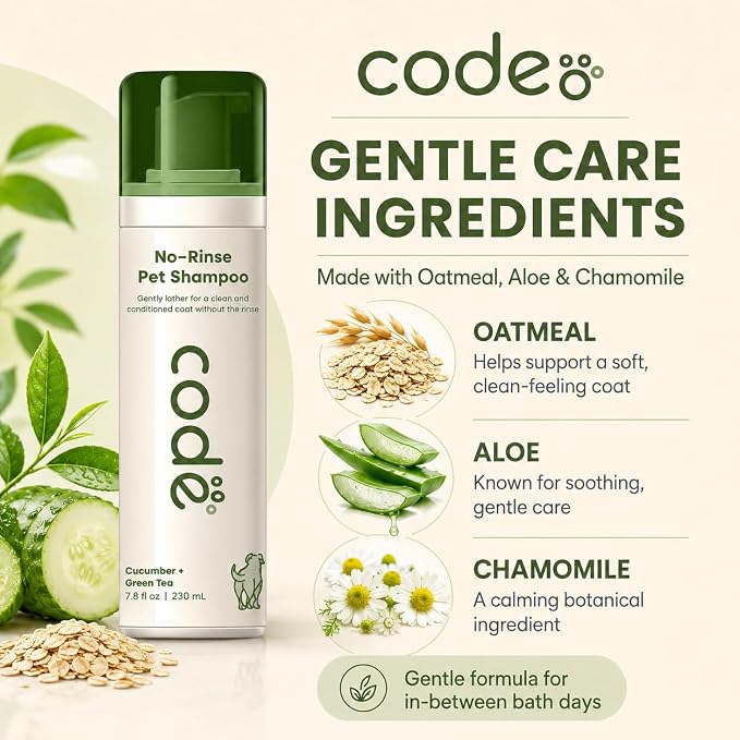 No-Rinse Pet Shampoo Foam, Waterless Dog Shampoo with Oatmeal, Aloe & Chamomile, Dog Shampoo Sensitive Skin, Hypoallergenic Dry Shampoo for Dogs, Cucumber Green Tea Scent, 7.8 fl oz