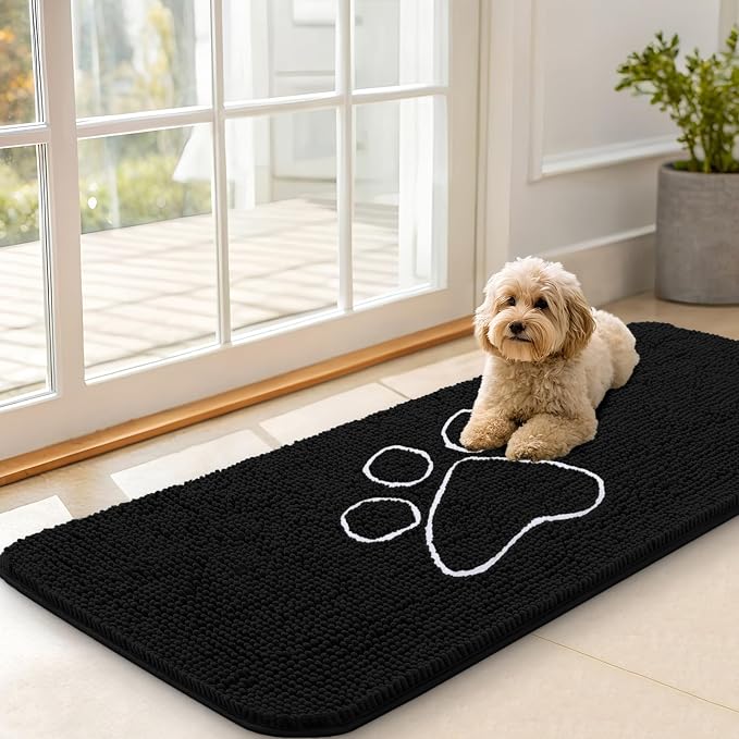 OLANLY Dog Door Mat for Muddy Paws 47x20, Paw Print Design Chenille Mud Mat | Black, Absorbent, Traps Moisture and Dirt, Non-Slip Washable Doormat, Quick-Drying Indoor Entryway Floor Carpet for Dogs