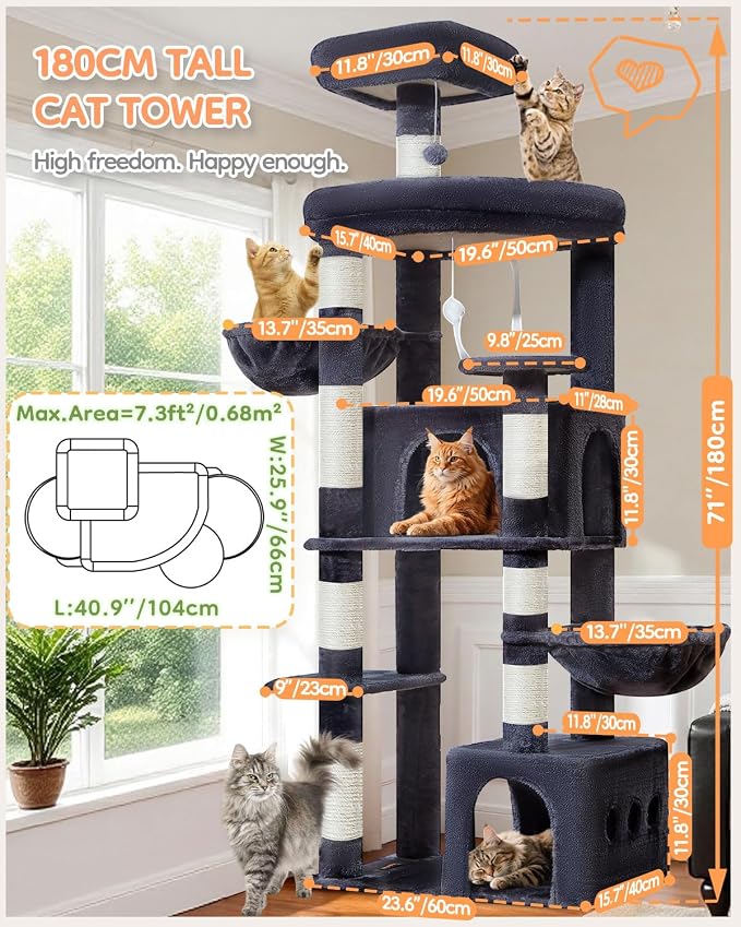 Taoqimiao 71in Cat Tree, Heavy Duty Large Cat Tower for Indoor Cats MS050G | Extra Wide Sturdy Base, Tall Multi-level, 7 Sisal Scratching Posts, 2 Houses, 2-Post Supported Baskets, 2 Perches, Smoke Gray