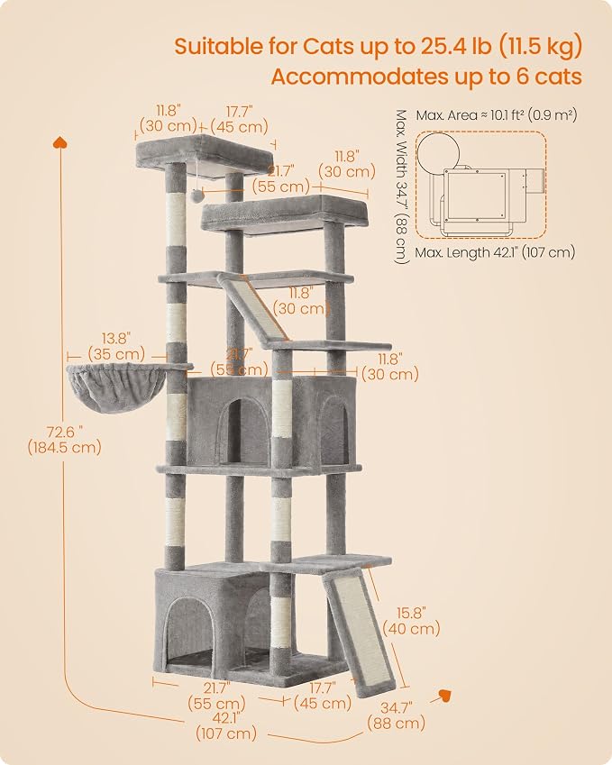 Feandrea 72.6-Inch Tall Cat Tree Tower for Indoor Extra Large Cats, Scratching Posts, Scratching Boards, Multi-Level Design, Dove Gray UPCT014G101S