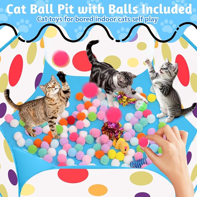 Cat Ball Pit for Cats, Include 226 Pcs Interactive Cat Toy for Indoor Kittens, Cat Enrichment Toys for Bored Indoor Cats Self Play Kitty Toys Bundle Pack Entertainment(Blue)