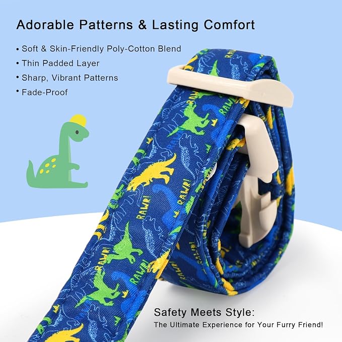 Dinosaur Dog Collar, Cute Boy Dog Collars for Medium Dogs - Blue Multicolor Dino Cotton Male Dogs Collar, Soft Adjustable Daily Pet Collars with Quick Release Buckle M