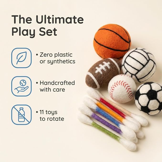 Glaciart One Cat Qtip Toy Set, 5 Pcs Wool Felt Cat Sport Balls (1.5 Inch) & 6 Pcs Cotton Swab Cat Toys, Natural Wool Cat Toys for Indoor Cats
