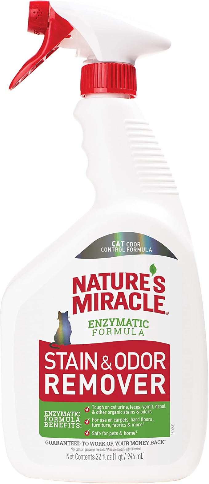 Nature's Miracle Cat Stain and Odor Remover With New Odor Control Formula 32 Ounce Spray | Tough on Cat Urine, Feces, Vomit, Drool and Other Organic Stains and Odors, For Multiple Surfaces, Fresh Scent