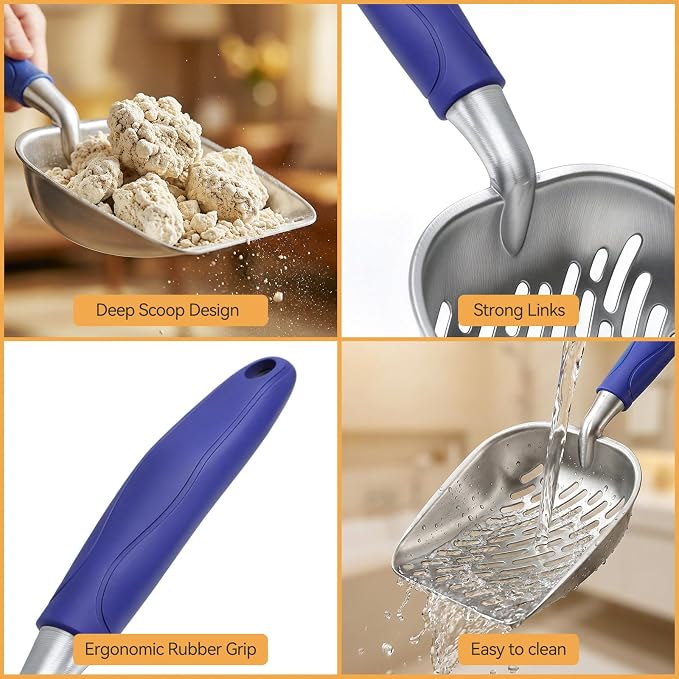 Cat Litter Scoop, Large Long Handle Kitty Metal Scooper, Heavy Duty Aluminum Deep Sifter, Ergonomic Non-Slip Grip, Rustproof Durable Poop Cleaner for Cat Litter Box
