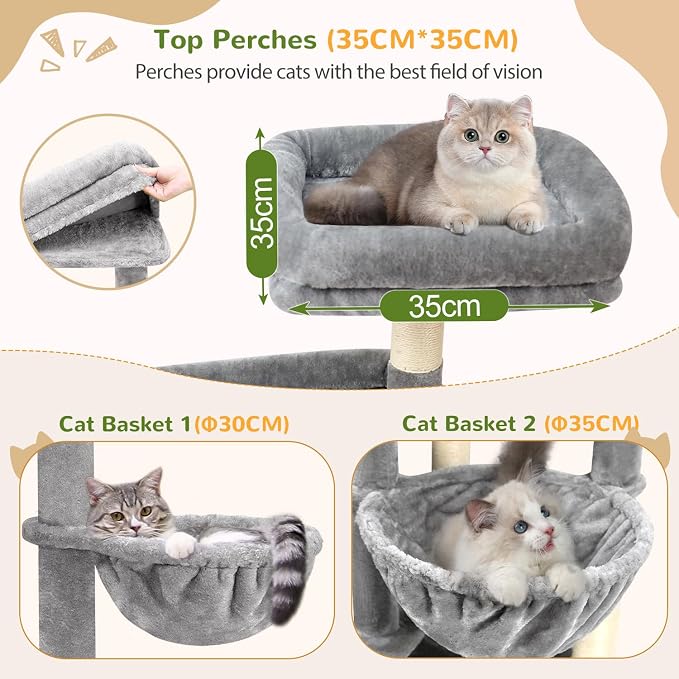 Globlazer 74in Large Sturdy Cat Tree for Large Cats, F74F, Light Grey | Tall Maine Coon Cat Tower for Indoor Cats Large Adult with 8 Scratching Posts, 2 Spacious Cat Condos, 3 Perches