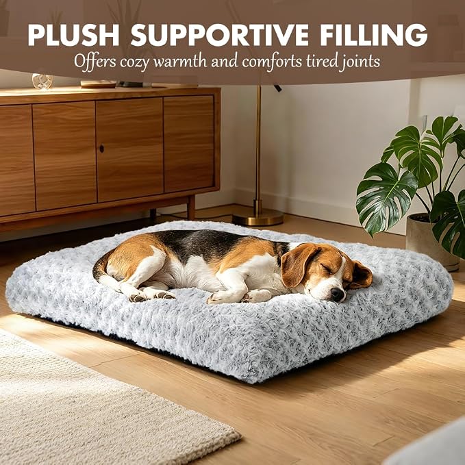 Dog Bed Crate Pad - Rosette Pattern White Velvet Pet Bed Anti-Slip Comfy Kennel Pad for Crates Rosette Grey L