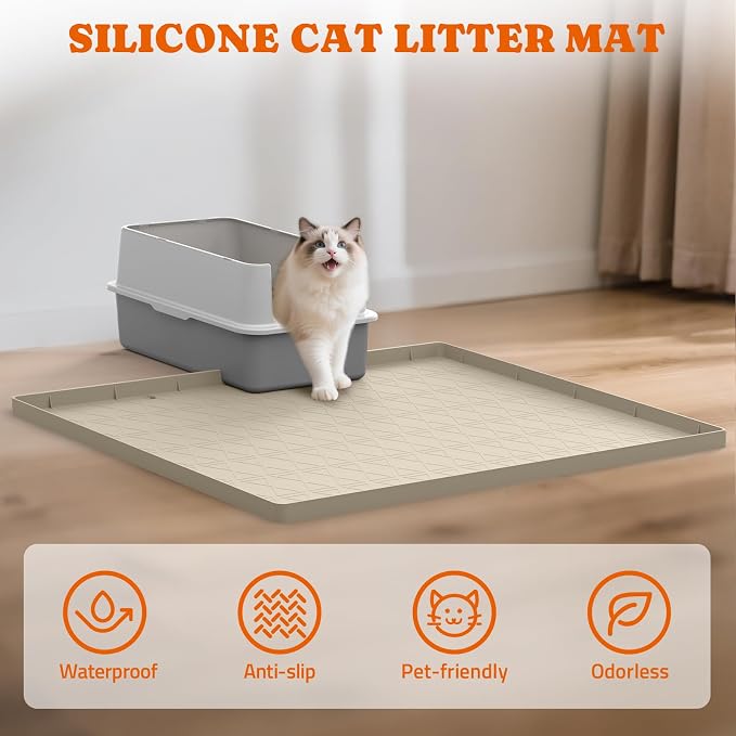 Pawtners Silicone Cat Litter Mat 34 x 22 in, Easy to Clean, 2 Pack | Non-Slip Kitty Litter Mat for Floor, Waterproof & Urine-Proof Cat Litter Mat Litter Trapping Mat, Soft on Kitty Paws