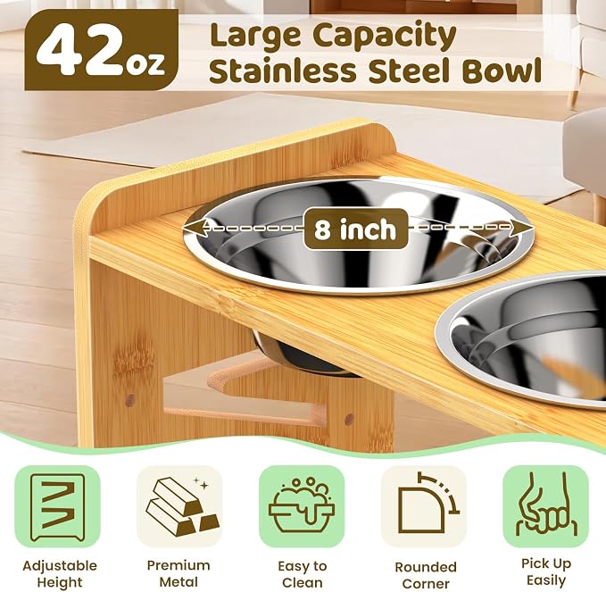 Elevated Dog Bowls, Adjustable Raised Dog Bowl Stand for Medium and Small Dog, 11" High Bamboo Pet Food Feeder with 2 Stainless Steel Dishes（4 Heights）