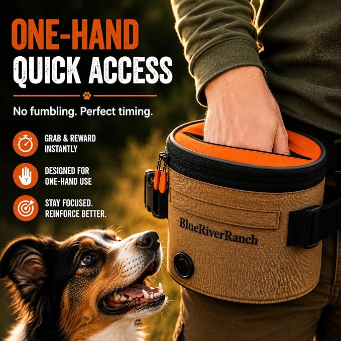 Dog Treat Pouch, Auto-Close One-Hand Access Training Treat Bag with Adjustable Waist Belt, Hands-Free Reward Pouch for Dog Training, Walking, Hiking & Obedience