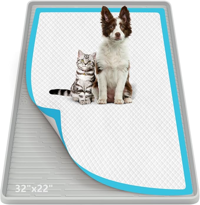 Pee Pad Holder for Dogs, 32" x 22" Extra Large Silicone Pee Tray Mat High Edge, Leak-Proof, No Spill Pet Pad Holder for Puppy, Cat, Rabbit, Training Pads for Floor Protection, No Pee Pads