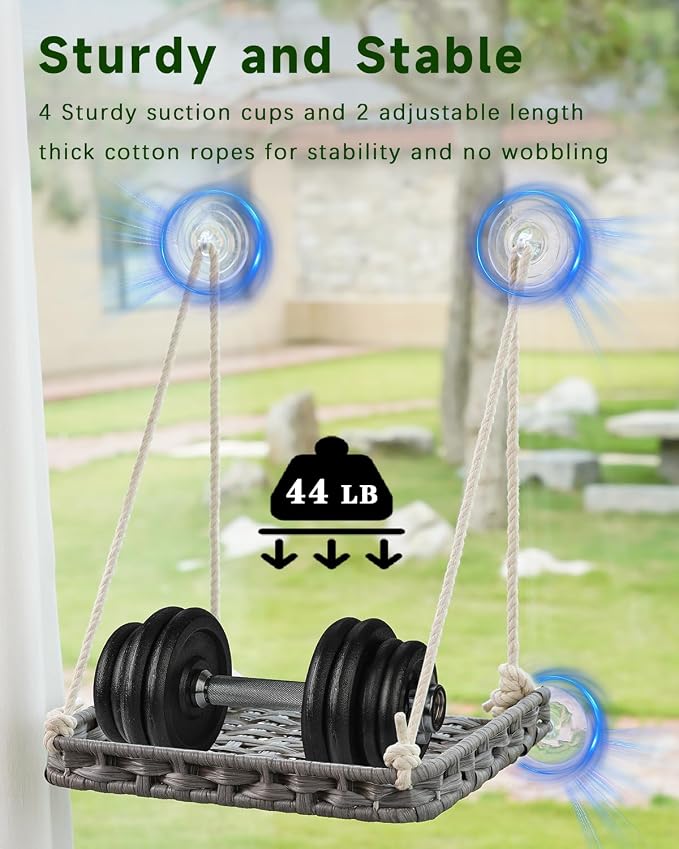 SETVSON Cat Window Perch, Cat Window Hammock Bed for Indoor Cats, Gray | Handwoven PE Rattan Window Seat, 4 Strong Suction Cups, Removable Cat Cushion, 2.3 Inch Fence Shelf, Easy Cat Hair Cleaning