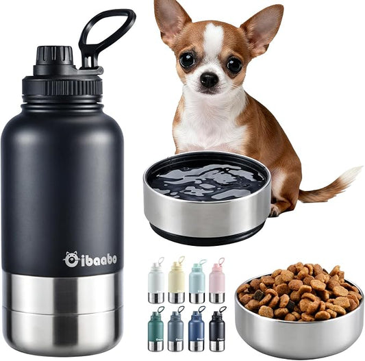 Cibaabo Insulated Dog Water Bottle with 2 Bowls, 32oz Travel Stainless Steel Double Wall Thermos, Portable Pet Dispenser, Gifts for Puppy Small Medium Dogs Walking Hiking and Camping