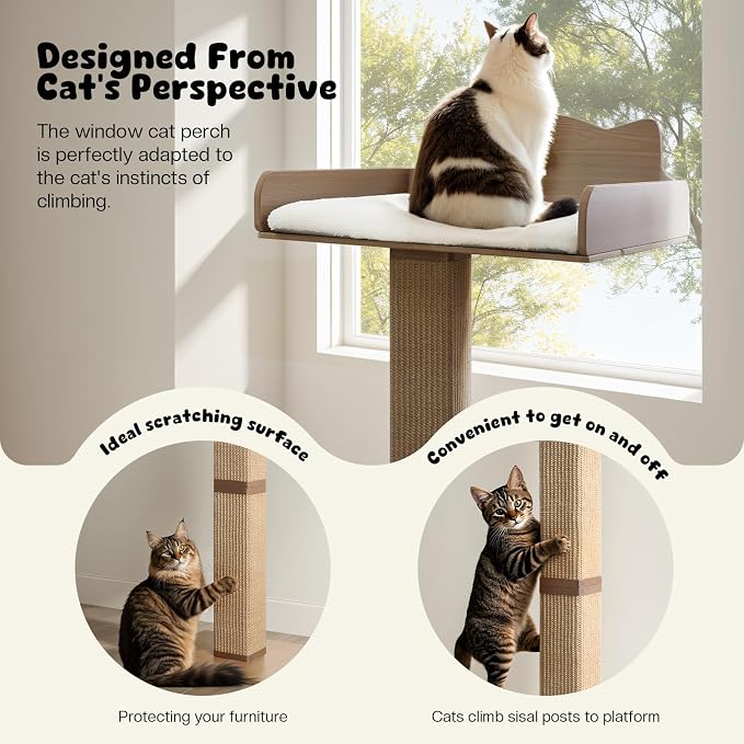 Cat Window Perch with Thick Sisal Scratching Post, Cats Hammock for Window with 3 Upgrade Suction Cups, 55" Adjustable Tall Cat Scratching Post with Large Perch, Cats Window Bed with Fluffy Cushion