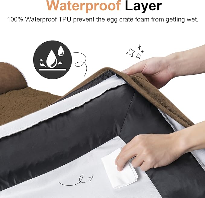 NANUYA Orthopedic Dog Bed for Large Dogs, 36 x 27 Inch, Dark Coffee | Egg crate foam for joint support, 3-sided bolster pet sofa, waterproof lining, washable cover, and non-skid base