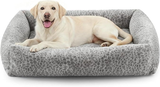 JOEJOY XL Dog Beds Large Sized Dog, Removable Washable Cover Orthopedic Soft Faux Rabbit Fur Pet Bed, Anti-Slip Fluffy Plush Faux Rabbit Fur Puppy Bed, 42"x36"x9", Leopard Print, Grey