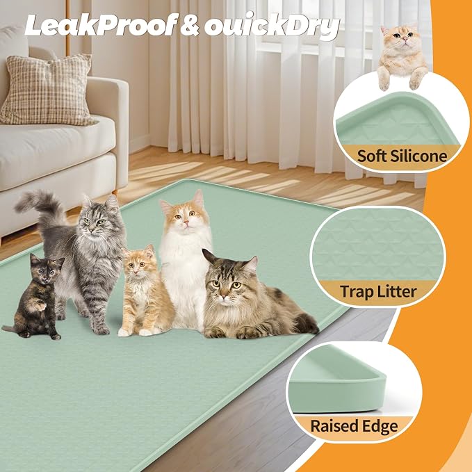 Cat Litter Mat for Litter Box 51"x25.6" Extra Large Silicone Mat, Green | Waterproof Non-Slip Litter Box Mat with Raised Edges, Cat Litter Trapping Mat for Pet, Cat Litter Rug for Floor