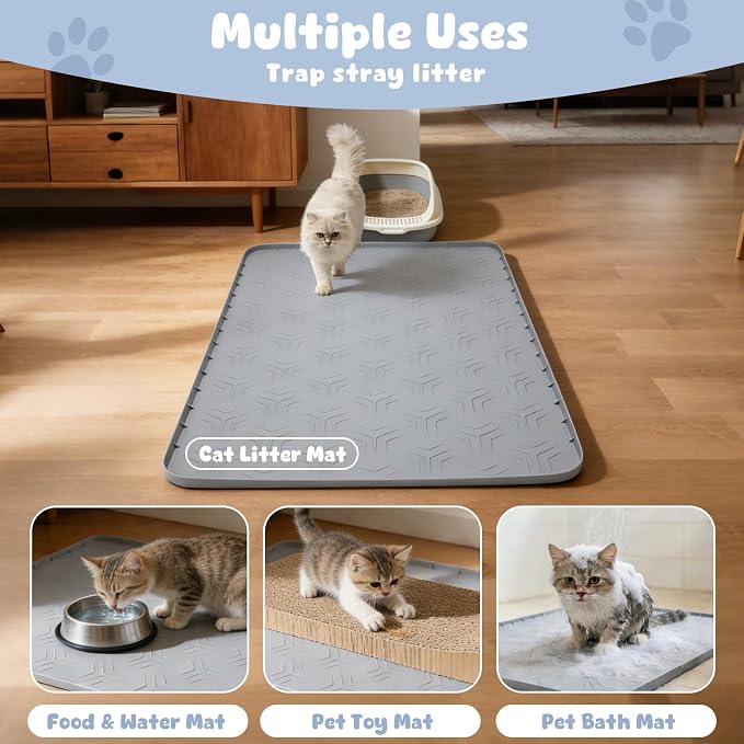 Cat Litter Box Mat, 34"×22" Waterproof Silicone Cat Litter Trapping | Non-Slip Gray Kitty Litter Mat for Indoor Cats, Waterproof Pet Food Mats Easy to Clean & Soft on Kitty Paws