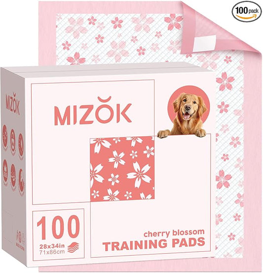 MIZOK 100 Counts Dog Pee Pads Extra Large 28"x34", Potty Pads for Big Dog Breeds, Super Absorbent & Leak-Proof, Pink Cherry Blossom Prints, 4-Corner Adhesive Tabs, Thick & Heavy, XL