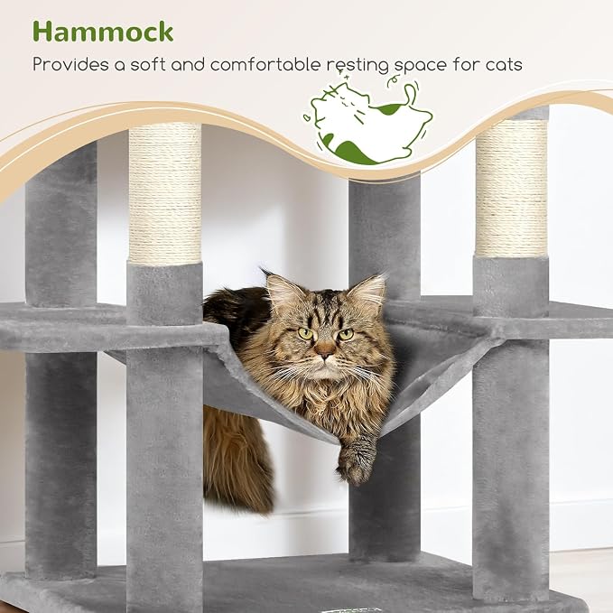 Globlazer Extra Tall Cat Tree Tower for Indoor Cats, 76in, F76, Light Grey | Multi-Level Cat Furniture with Cozy Condos,Hammock and Perches for Large Adult Cats, Perfect for Climbing, Scratching