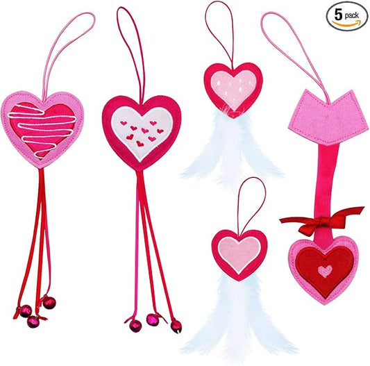 Valentine's Day Cat Toys, 5 Pack Catnip Toys with Feather and Bells, Hanging Cats Teaser Toys, Valentines Day Gifts for Indoor Cats & Kitten & Kitty