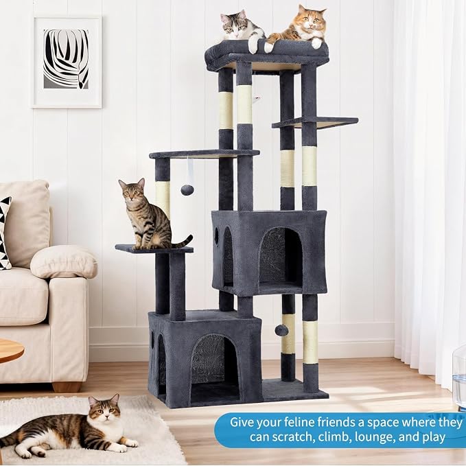 61" Large Cat Tree Tower for Indoor Cats, Heavy-Duty Multi-Level Cat Condo for Maine Coon & Big Cats with Extra-Large Perch, 2 Spacious Houses, Sisal Scratching Posts & Hanging Toys-Dark Gray