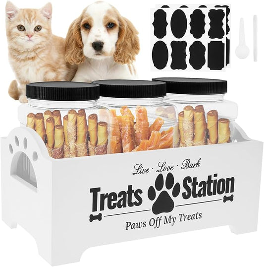 Dog Treat Container for Countertop Dog Food Storage with 3 Plastic Treat Jars Wood Dog Food Container with Handles and Lids Farmhouse Practical Pet Cat Dog Treat Storage Containers (white)