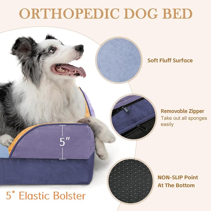 Comfort Expression Orthopedic Dog Bed for Extra Large Dogs with Bolster | Waterproof Dog Couch Bed with Washable Cover & Non-Slip Bottom, Supportive Egg Crate Foam XL Pet Bed, 42x30 Inch