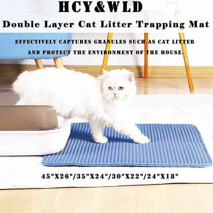 HCY&WLD Cat Litter Mat, Double Layer Cat Litter Box Mat (24x18 Inch, Blue) | Waterproof Urine-Proof Non-Slip Litter Trapping Mat, Soft on Kitty Paws, Scratch-Resistant, Scatter Control, Easy to Clean