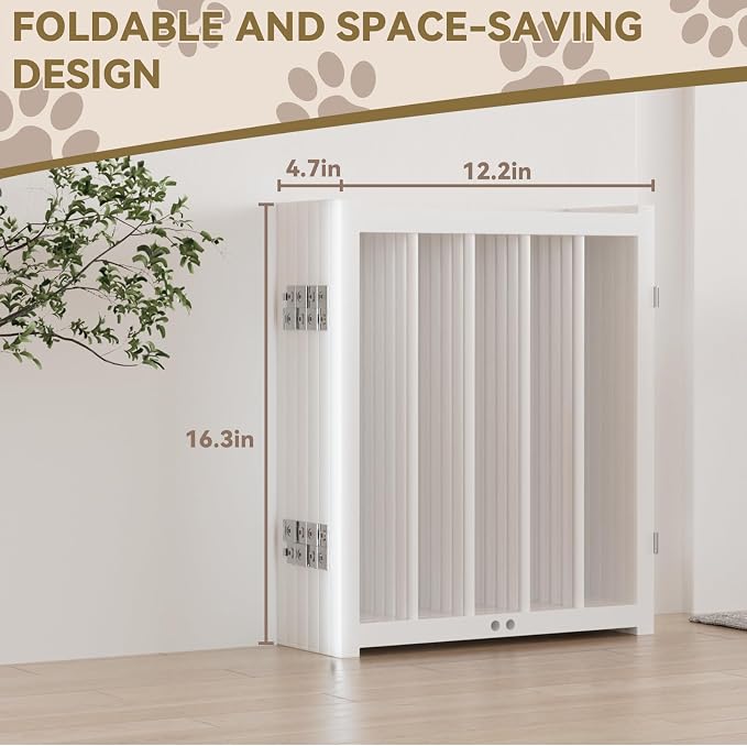 Snuowu 16" Freestanding Short Dog Gate for Small Dogs – Foldable & Retractable, Expands Up to 72" Wide, 6-Panel Pet Barrier for Doorways, Stairs & Hallways (White)
