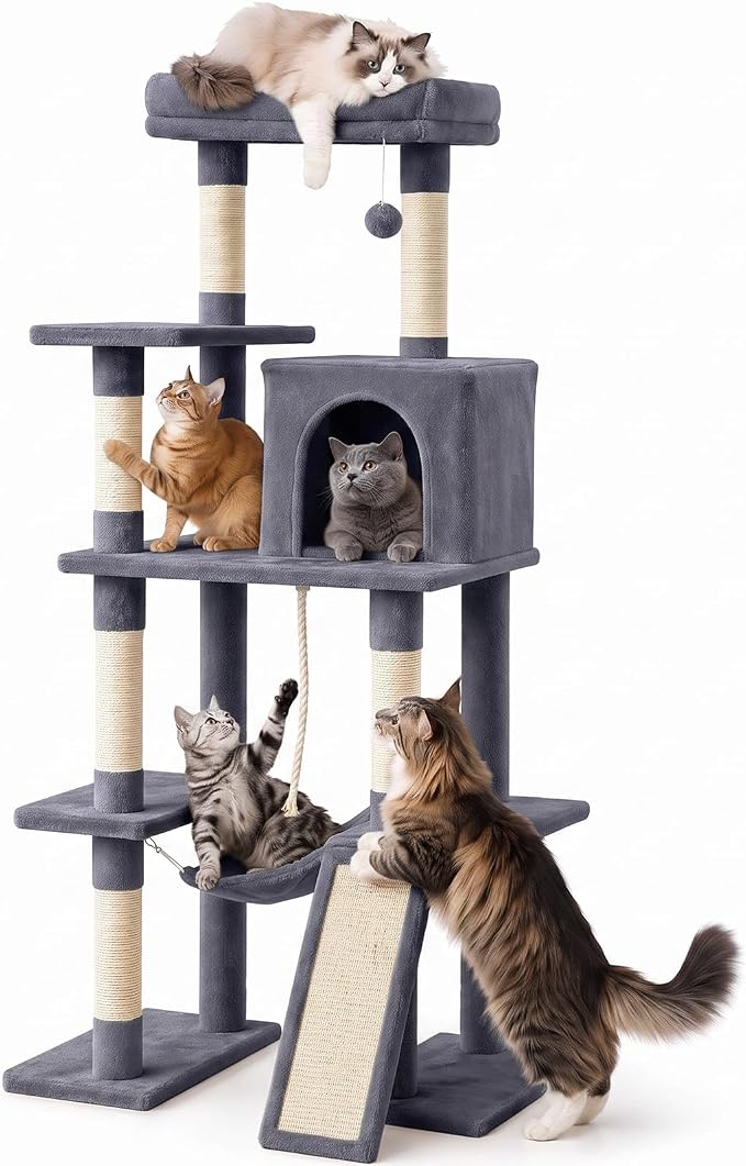DUMOS Large 63in Cat Tree Tower with Scratching Posts, Indoor Cats Use | Multi Level Cat Climbing Tower with Condo, Extended Platform, Hammock, Pet House for Kittens Play, Dark Grey