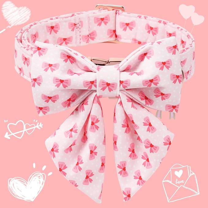 DOGWONG Valentine Dog Collar with Bow, Metal Buckle Adjustable Pink Bowtie Cute Girl Dogs Collars Pet Valentine Collars for Small Dogs, S