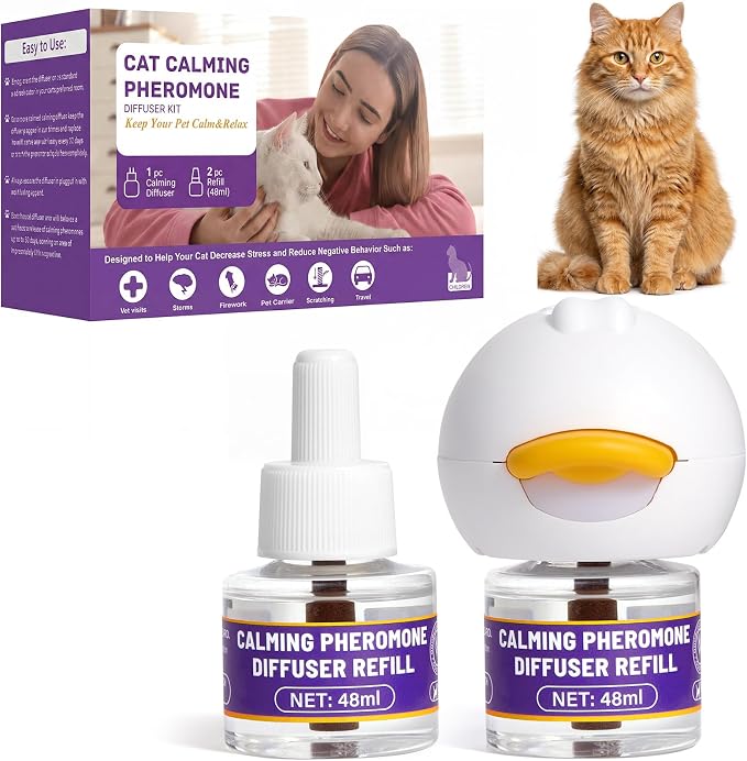 Cat Calming Pheromone Diffuser Kit, Stress Relief, 1 Plug-in 2 Refills | Odorless drug-free formula, 60-day anxiety relief, anti-leak low-temp plug, fits indoor multi-cat scratch fight hiding issues
