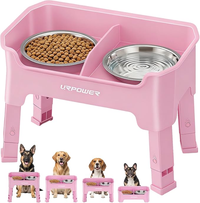 URPOWER Mess Proof Elevated Dog Bowls 4 Height Adjustable Raised Bowl Stand with 2 Stainless Steel Dog Bowls Non-Slip Food and Water Bowl Set for Small, Medium, Large Dogs, Pink