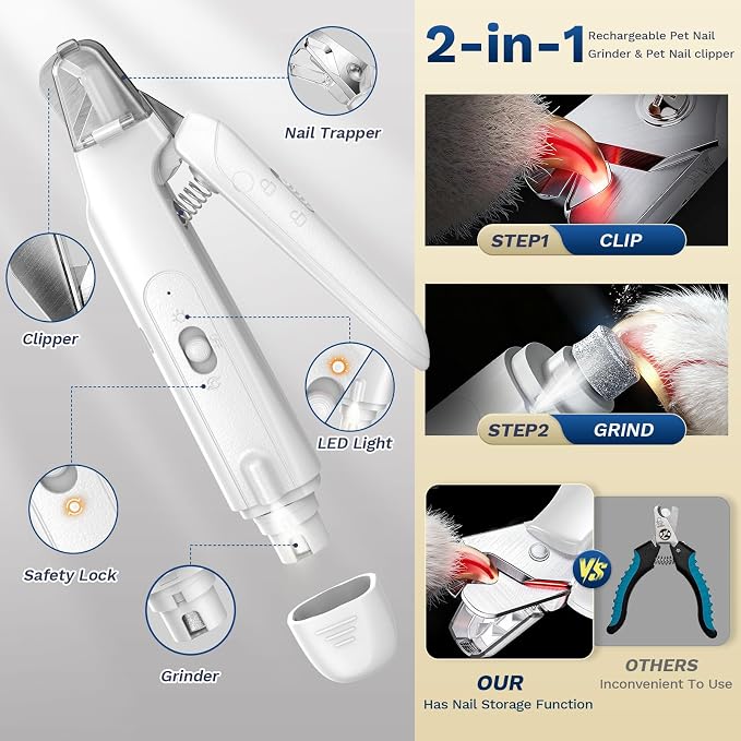 2-in-1 Dog&Cat Nail Clippers with Light, Type-c Pet Claw Trimmer & Grinder | Catpick care Rechargeable Nail Cutter, Stainless Blade, Safety Lock & Catcher Grooming for Small Medium Large Pets, White