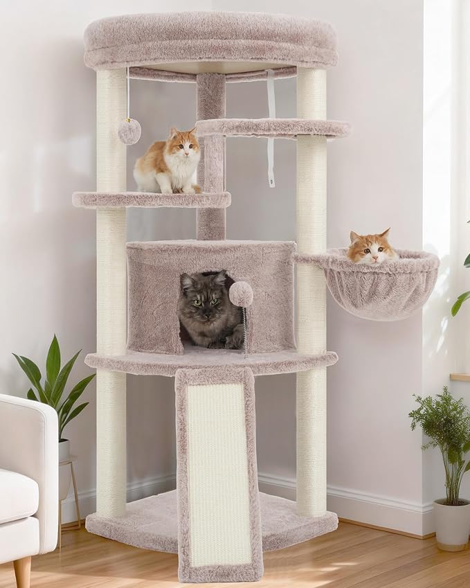 Corner Cat Tree Tower with All Sisal Scratching Posts GCT025MU | 44.1" Cat Furniture with Multi-level Cat Condo, Cat Cave, Hanging Basket, Sisal Scratching Ramp for Indoor Cats, Muchroom