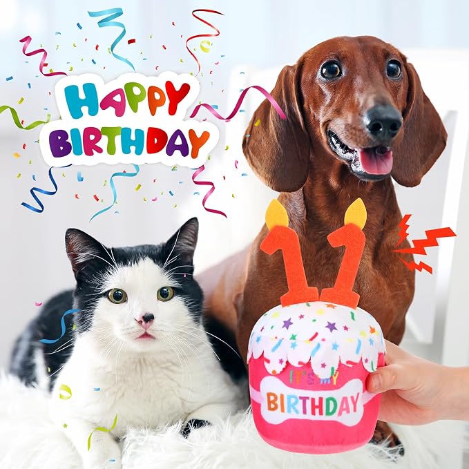 Dansydaisy Dog Birthday Cake Toy Squeaky Plush Toy for Girl Boy Gifts, Chew Accessories for Dog Birthday Party Decor Favor for Large, Medium and Small Dogs(11th,Pink)