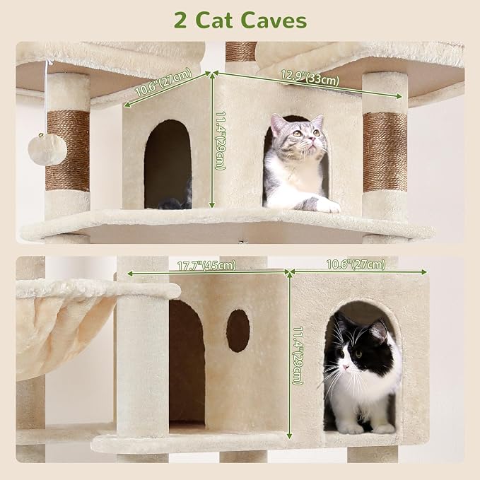 Globlazer Cat Tree Tower for Multiple Adult Cats, 82 inch, F82, Beige | XXL Tall Cat Tree Tower for Indoor Cats with Scratching Post, 3 Perches, 2 Condos, 2 Hanging Baskets