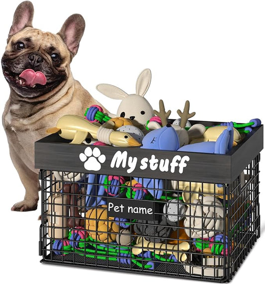 Dog Toy Bin Toy Basket Metal Storage Box with Handles Dog Organizer Chew-Proof Dog Toy Box Blankets Leashes Chest Puppy Dog Toy Storage Wood Metal Container Home Decor Pet Toys Dog Cat