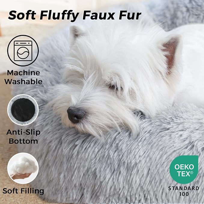 Calming Round Dog Bed & Cat Bed with Anti-Slip Bottom, Medium Size Washable Anti-Anxiety Donut Dog Beds for Medium & Large Dogs, Fluffy Plush Soft Dog Bed(30 Inch, Light Grey)