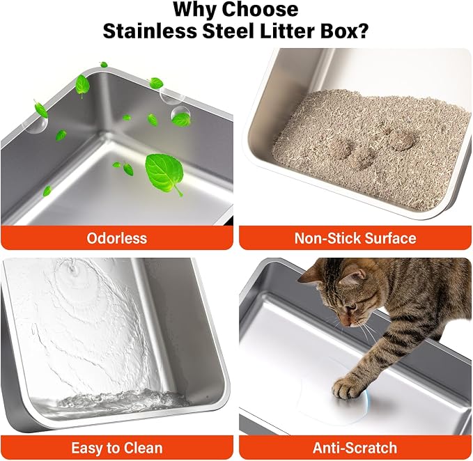 Stainless Steel Cat Litter Box with Lid,3IN1 Metal Litter Box High Sides for Big/Multiple Cats,Indoor,1-Mat and 1-Scoop,Easy to Clean, No Odor,Anti-Urine Leakage