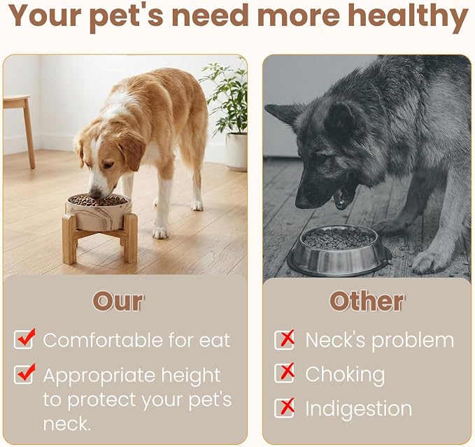 hjn Elevated Ceramic Dog Bowl with Bamboo Stand, Raised Pet Feeding Station for Small Medium Dogs Cats, Modern Design with Anti-Slip Base (Marble Brown, 7.6Cup)