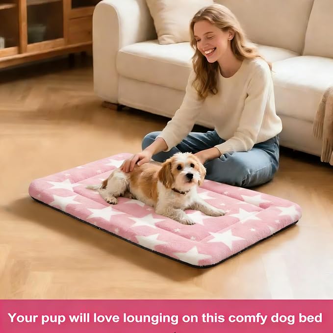 Dog Bed Mat, Reversible Crate Pad & Cute Dog Bed - Machine Washable Kennel Mat with Ultra Soft for Small Dogs (Big&Small Stars Pink, 24" L*18" W*1.5" Th)
