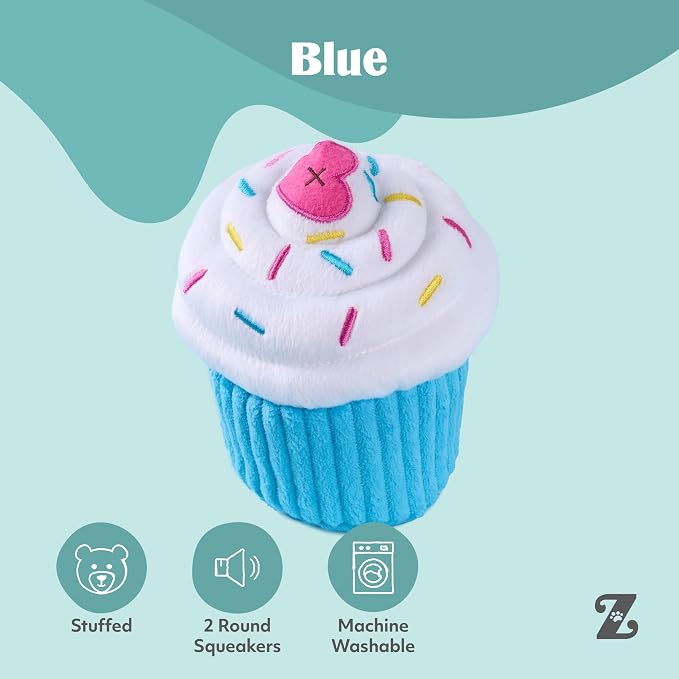 ZippyPaws Birthday Cupcake- Dog Squeaky Toys to Keep Them Busy, Funny Food Plush for Small, Medium, & Large Dogs, Cute Stuffed Puppy Toy, Pet Products, Gift for Dogs of All Breeds, Soft & Cuddly- Blue