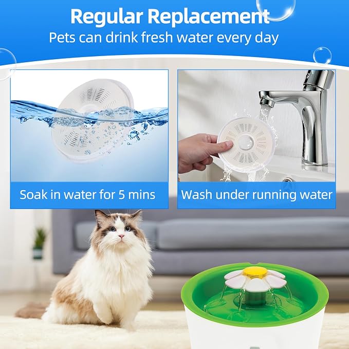 6-Pack Cat Water Fountain Replacement Filters for Catit 3L Flower Fountain, Triple Filtration with Activated Carbon & Ion Exchange Resin, Soft Water & Urinary Health Support