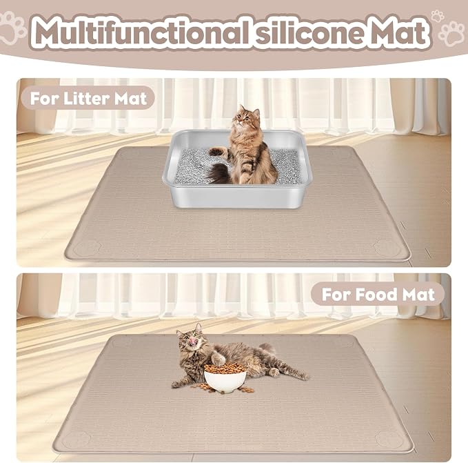 Silicone Cat Litter Mat for Litter Box 40”x28” Large Cat Mat, Khaki | Waterproof, Non-Slip, Leak-Proof Rug Mat with Lip, Easy to Clean, Extra Large Litter Catcher Mat for Floor