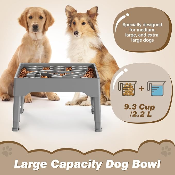 9 Cups Elevated Slow Feeder Dog Bowls 4 Adjustable Heights, Grey | Raised Dog Slow Feeder Bowls, Dog Food Bowl Stand, Non Slip Anti Gulping Slow Eating Dog Bowl for Medium & Large Dogs