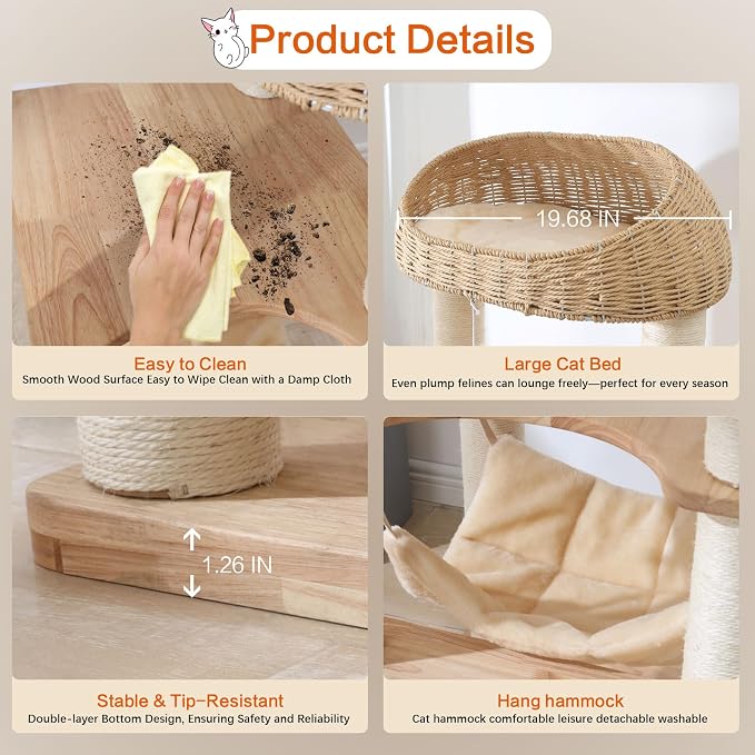 Wooden Cat Tree for Indoor Cats, 62 in Tall Cat Tower | with Scratching Post for Large Cats, Solid Wood Cat Condo, with Handwoven Basket and Hammock, Easy to Clean