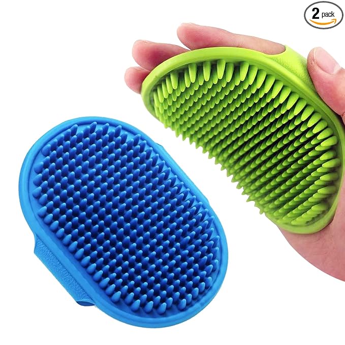 Dog Grooming Brush, Lilpep Pet Shampoo Bath Brush Soothing Massage Rubber Comb with Adjustable Ring Handle for Long Short Haired Dogs and Cats (Blue+Green, pack of 2)